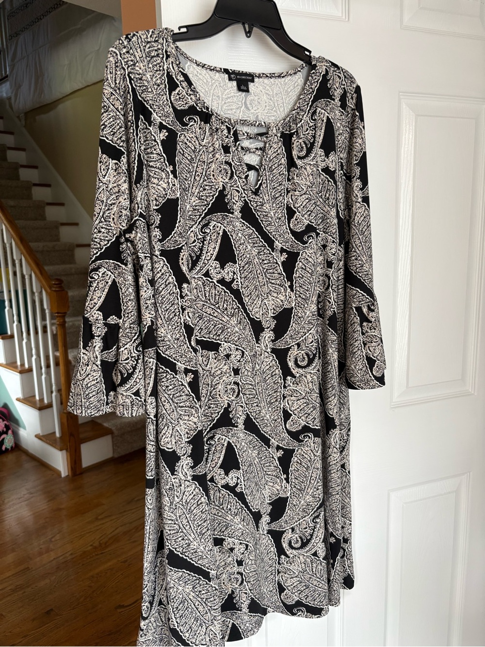 new directions Black and White Paisley Lace-Up Long Sleeve Dress